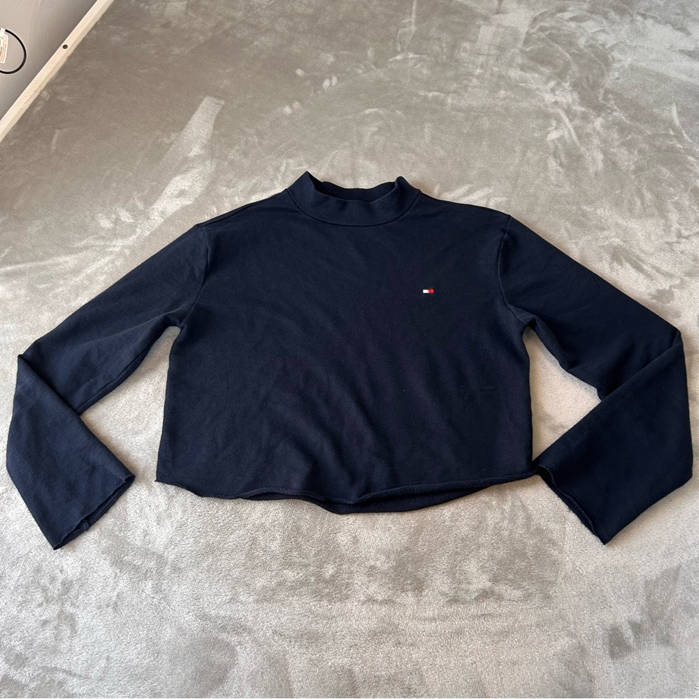 Tommy Hilfiger Cropped Long Sleeve Tshirt Top Women's S Navy Blue 90S Y2K Retro